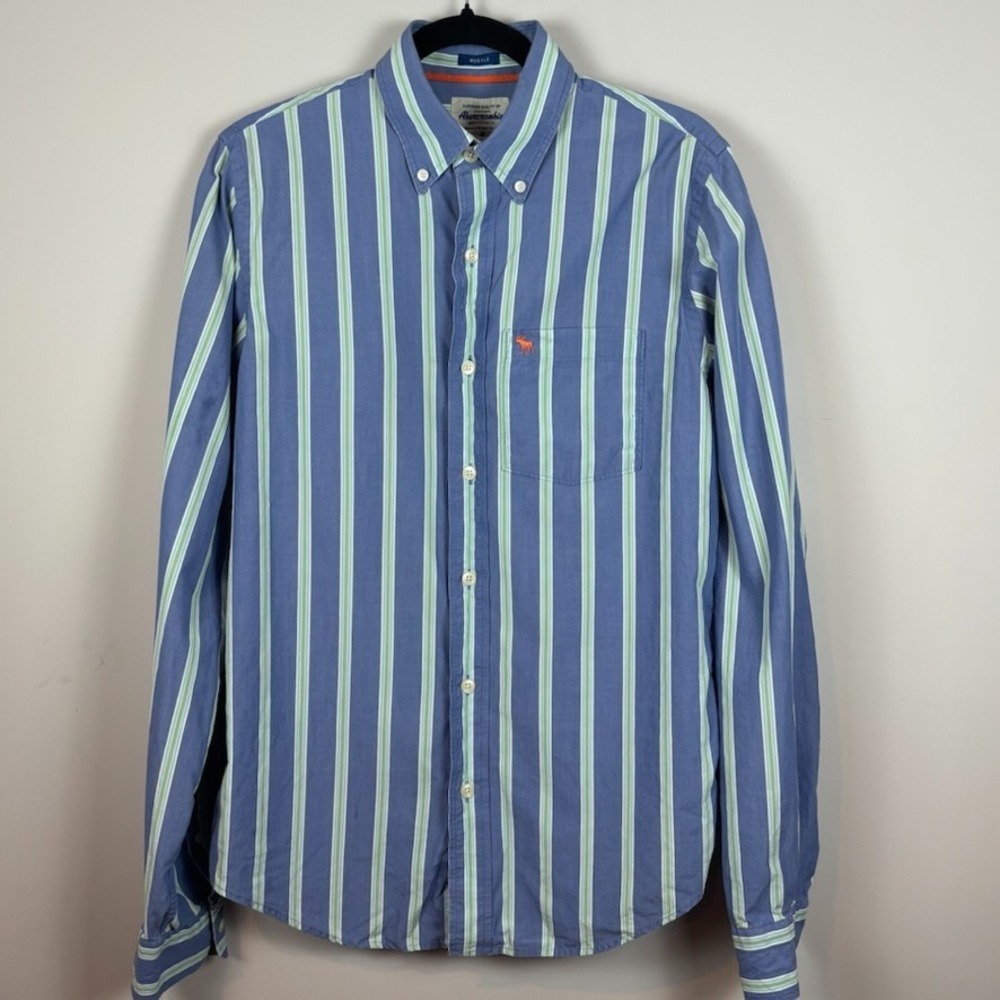 Abercrombie & Fitch Mens Muscle Y2K Blue Striped Shirt Size Medium classic *Flaw